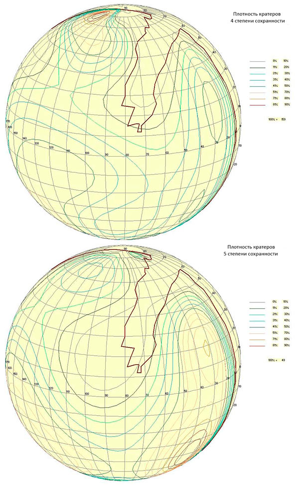 Рис. 10. Карты плотности распределения кратеров разной степени сохранности.